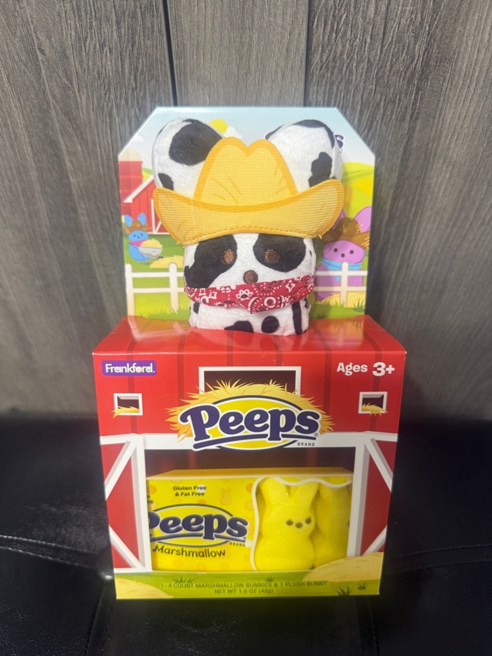 New Farmhouse Cow Patches 6" Peeps Plush Stuffed Bunny Rabbit & Candy In Box